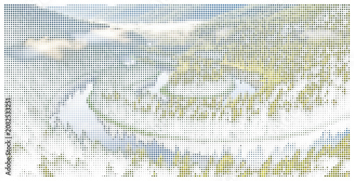 Abstract flowing lines forming artistic nature scenery dots vector graphic.