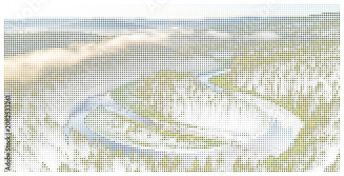 Abstract landscape composition with soft flowing lines and dotted texture.