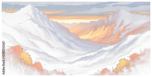 Abstract sunset clouds background design made with colorful halftone dots.