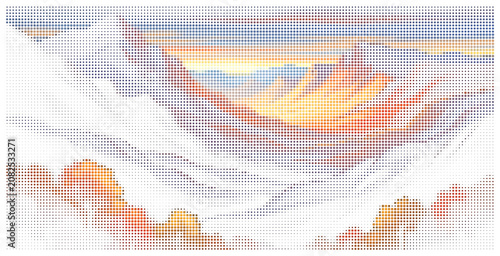 Abstract sunset landscape with clouds and sky halftone vector graphic.
