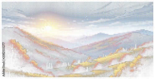 Autumn mountain range landscape in halftone dot style vector background.