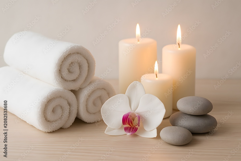 Fototapeta premium Spa still life with rolled towels, candles, orchid and stones