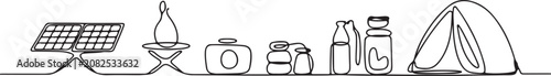 Camping and outdoor gear items continuous line drawing illustration.