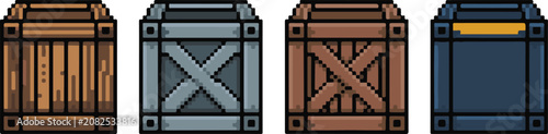 Pixel art wooden and metal storage crates for video game environments.