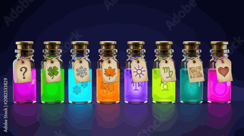 Seven Colorful Potion Bottles with Symbols Arranged in Row on Dark Background
