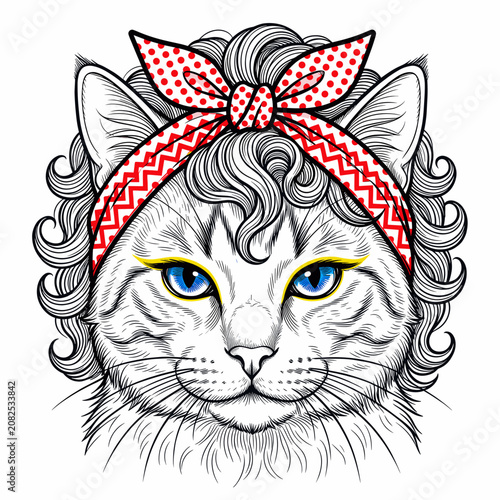 Stylish Cat with Blue Eyes Wearing Patterned Headband
