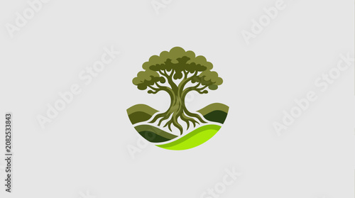Stylized Tree Logo with Roots and Hills Design