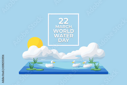 Three Ducks Swimming in Pond with World Water Day Text Sign