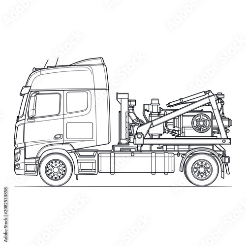 Tow Truck with Winch Equipment Side View Line Drawing