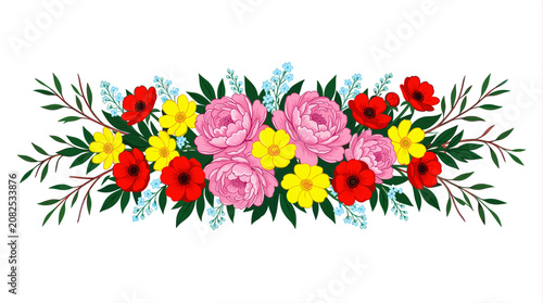 Vibrant Floral Border with Peonies and Poppies in Full Bloom