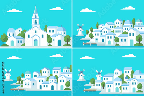 White Village with Church and Windmill in Turquoise Sky