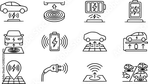 Foto Automotive Electric Vehicle Wireless Charging Outline Icons Set