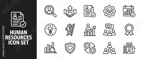 Quadro su tela Human Resources Icon Set: A comprehensive collection of line art icons representing various aspects of human resources management, including recruitment, team building, and career growth