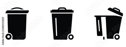 Foto Wheelie Bin Trash Can Icons, Garbage Disposal and Sanitation Service Symbols
