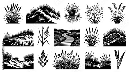Black  White Graphic Silhouettes: Nature, Grass, Reeds, Plants, and Landscape Elements for Botanical Design