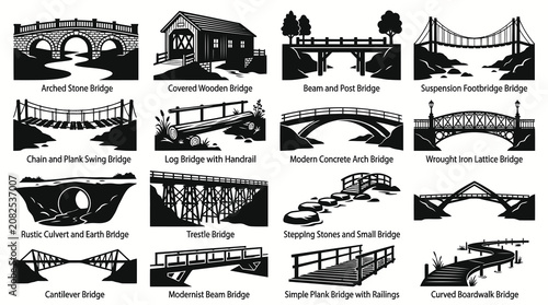 Architecture and Civil Engineering: Black and White Silhouette Vector Art of Diverse Bridge Types Set