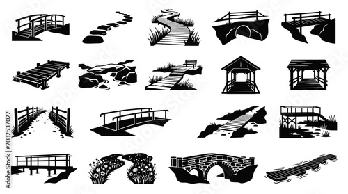 Landscape Architecture Paths and Bridges Vector Silhouette Icons Set. Outdoor Garden Walkways and Trails Glyphs.