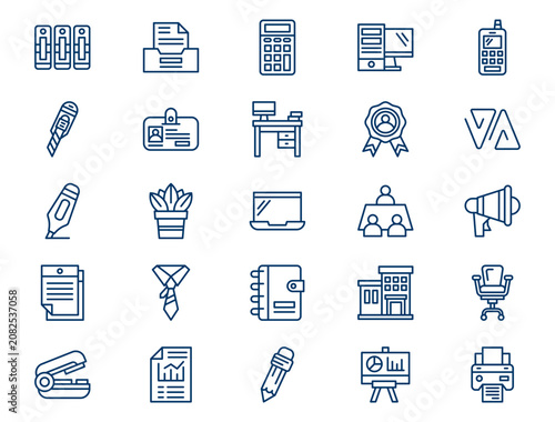 Corporate office workplace outline collection presents detailed corporate administration elements. Business concept