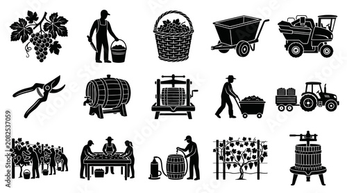 Viticulture and Wine Production Black and White Glyph Icons Set. Grapes, Harvesting, Winemaking Process Elements
