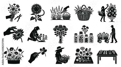 Black and White Glyph Icons of Flowers, Gardening, and Harvesting