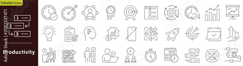 Productivity icon set containing time management efficiency workflow organization task optimized performance chart project deadline goal employee tracking timeline and speed acceleration