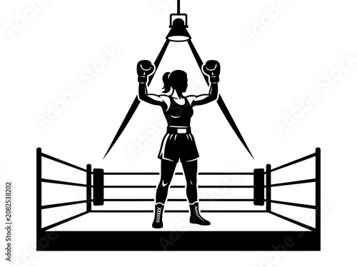 Silhouette of a victorious female boxer standing in a boxing ring under a spotlight.