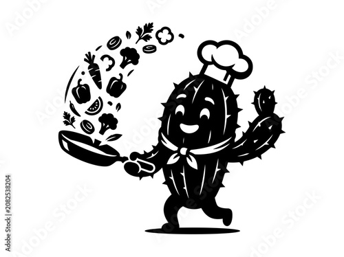 Cartoon Cactus Chef Cooking Vegetables in Frying Pan.