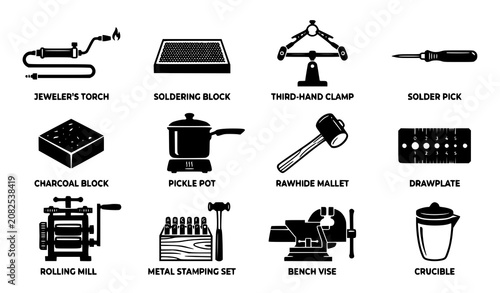 Obraz na plátně Jewelry Soldering and Metal Smithing Tool Icon Set with Torch Block Clamp Rollin