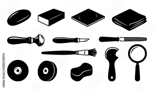 Photos Leather Crafting and Shoemaking Tool Icon Set with Awl Knife Rasp Brush Wheels S