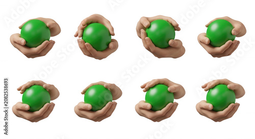 hands cradling a green sphere in various positions against a white background symbolizing care holding and support for concepts