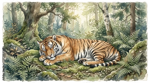 Majestic Tiger Resting Peacefully in a Lush Green Forest with Ferns and Trees.