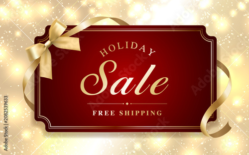 Elegant Holiday Sale Banner with Gold Ribbon on a Sparkling Background