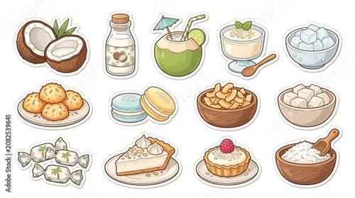 A delightful collection of coconut-themed desserts and drinks, showcasing sweet treats and refreshing beverages.
