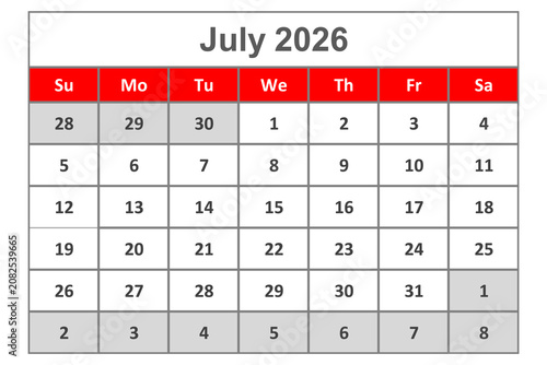 July 2026 Calendar Layout With Weekdays, Dates and Monthly Planner Grid for Scheduling