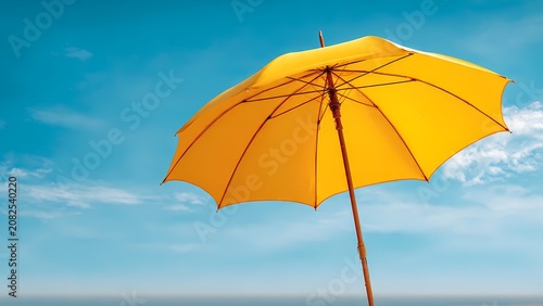 bright yellow beach umbrella against vibrant blue sky on sunny summer day