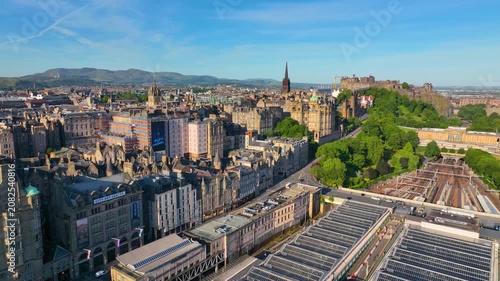 Edinburgh Old Town aerial view from Waverley Train Station including St Giles' Cathedral and Edinburgh Castle in Edinburgh, Scotland, UK. Old town Edinburgh is a UNESCO World Heritage Site since 1995.
