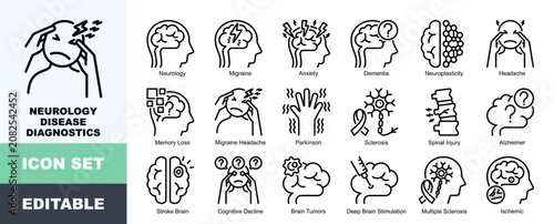 Cuadro en lienzo Neurology Disease Diagnostics Icon Pack Featuring Migraine, Anxiety, Dementia, N