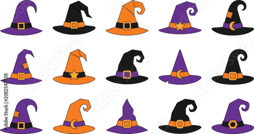 Halloween Witch Hats with Orange and Purple Bands and Stars Vector Illustration