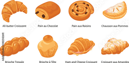 Foto Set of classic French pastry and baked goods icons for bakery menu and food desi