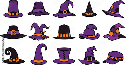 Collection of witch hats in purple, black, and orange