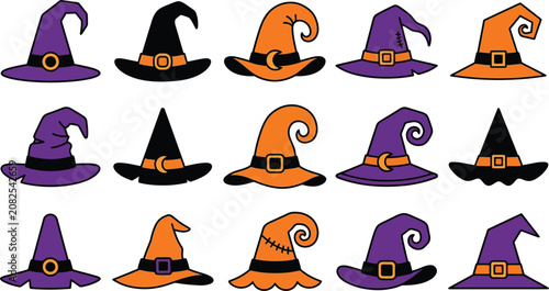 Set of Halloween Witch Hats in Purple and Black with Orange Accents Flat Vector Illustration