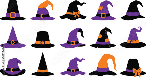 Collection of Stylized Witch and Wizard Hats in Purple and Black with Orange Accents