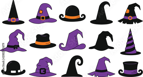 Collection of witch hats in black and purple