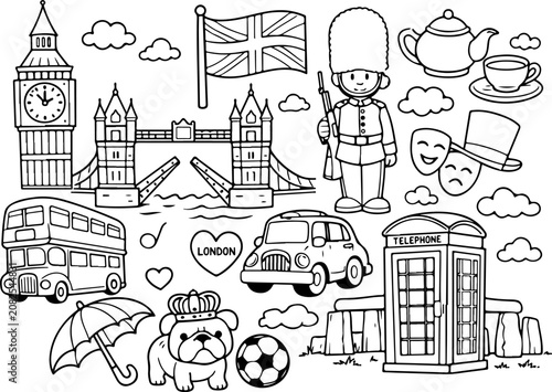 Royaume-Uni, monuments du Royaume-Uni, dessin au trait dessiné à la main, coloriage pour enfants