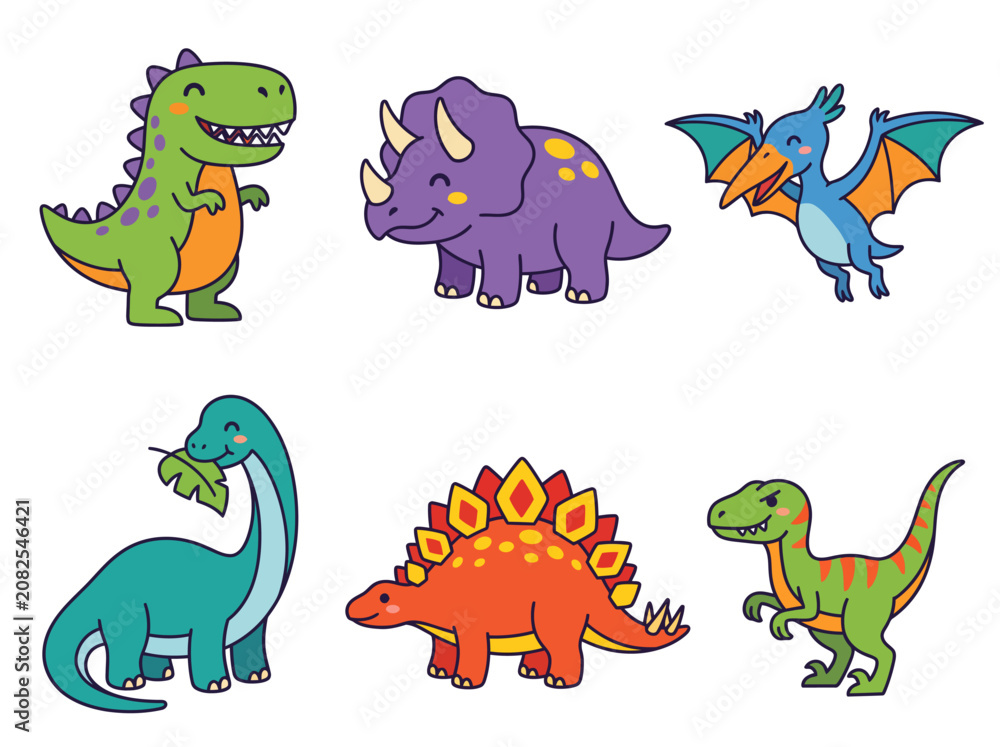 Naklejka premium Cute hand-drawn style prehistoric dinosaur character set
