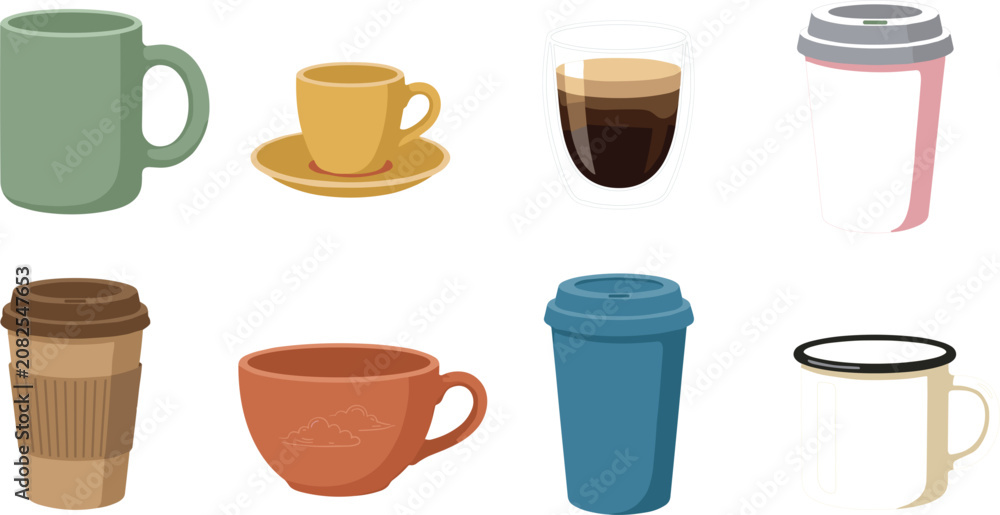 Fototapeta premium Minimal Coffee Cup Collection with Ceramic Mugs, Espresso Cup, Glass Coffee, Takeaway Cups, Travel Tumbler, and Enamel Mug Vector Set