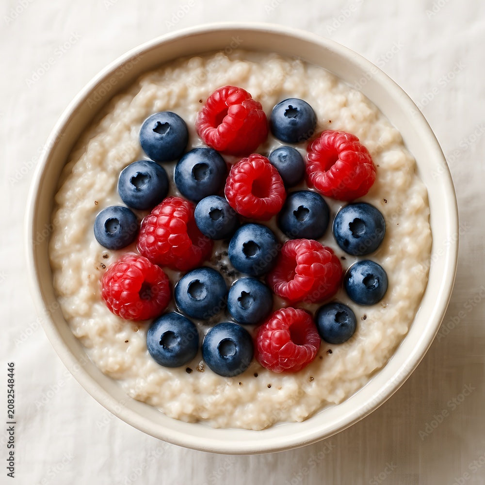Fototapeta premium Oatmeal porridge bowl with blueberries, raspberries and chia seeds