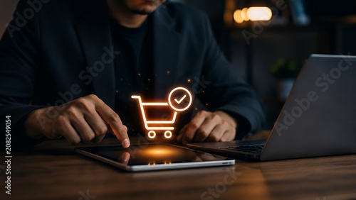 Online Shopping Cart Checkout Confirmation on Digital Tablet with Ecommerce Purchase Concept