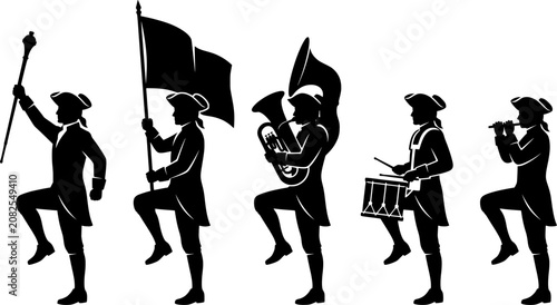 Silhouette of marching band figures on Independence Day