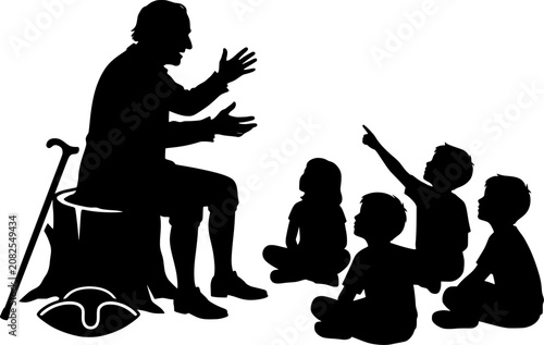 Elderly man storytelling to children on a sunny day